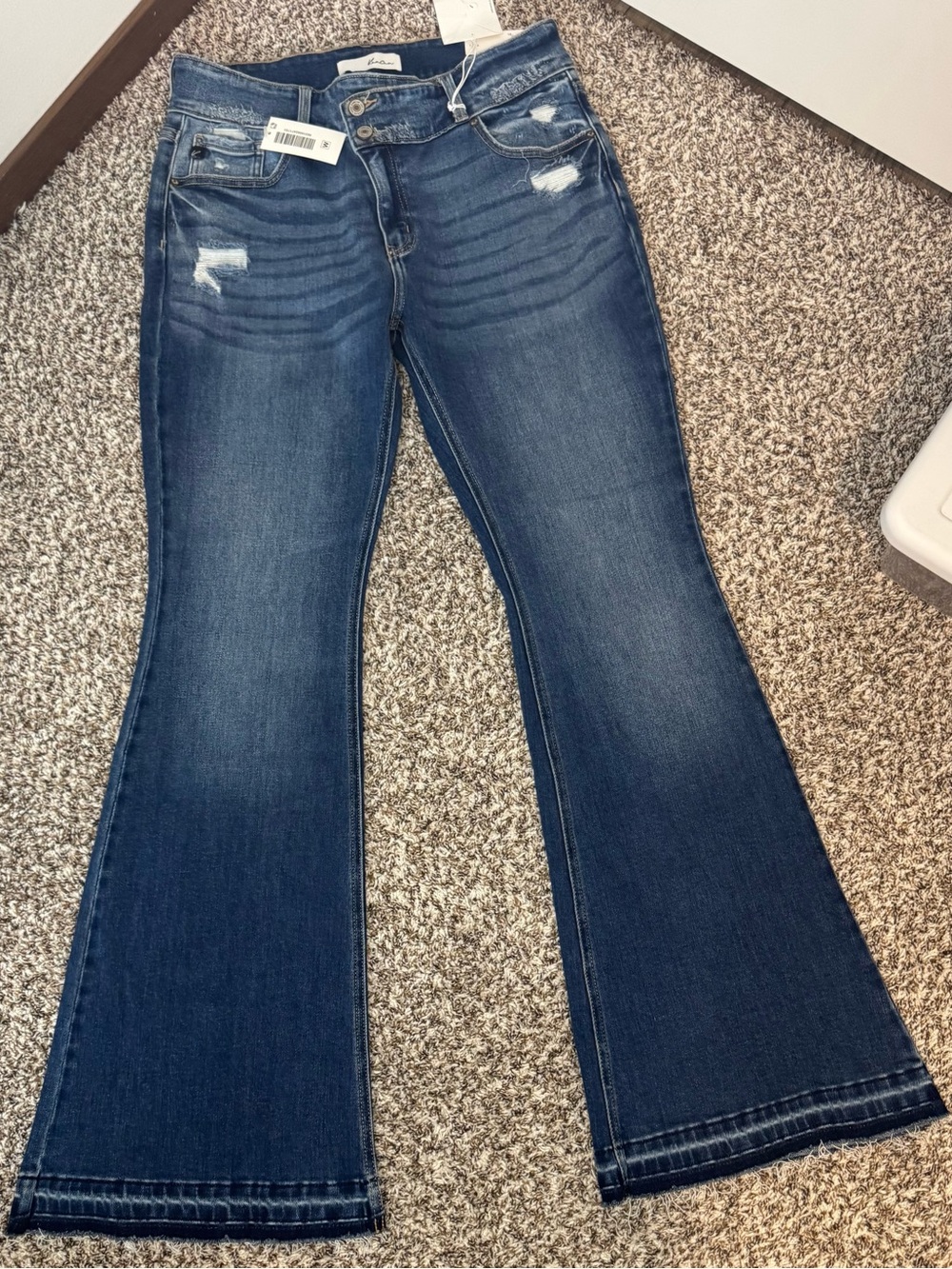 Women's Dark Wash Flare Jeans - Distressed Wide Leg